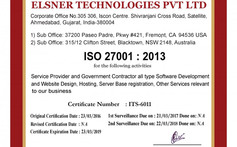 ISO 27001 : 2013 Certificate