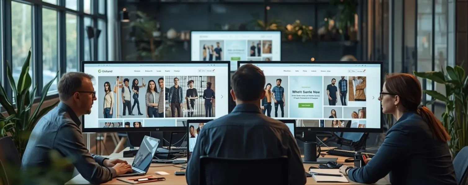 Magento development team collaborating on an ecommerce website project with multiple monitors displaying an online store interface in a modern office.