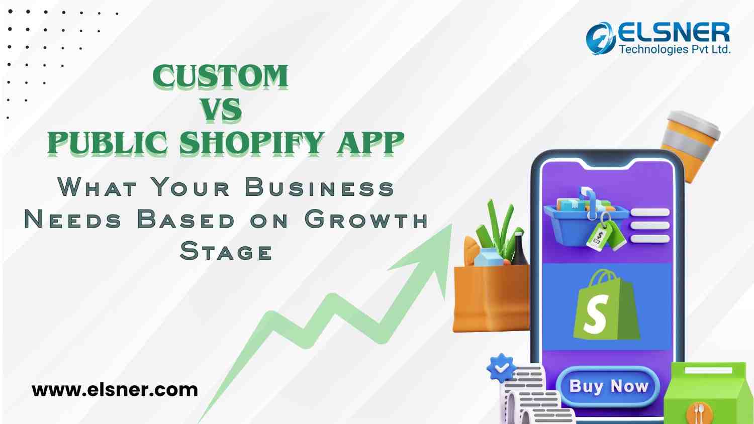 Custom vs Public Shopify Apps visual by a Shopify app development company showcasing business growth stages and app solutions.