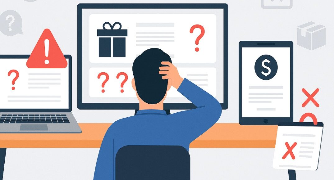 Illustration showing a person managing multiple screens with disorganized product data, errors, and confusion — representing common challenges in eCommerce data management.