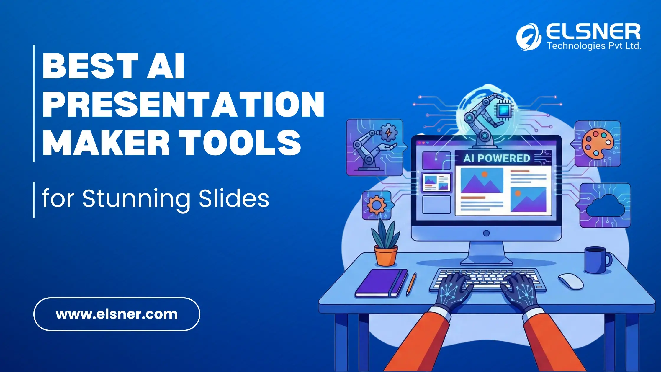 Best AI presentation maker tools banner with AI-powered slide design illustration.