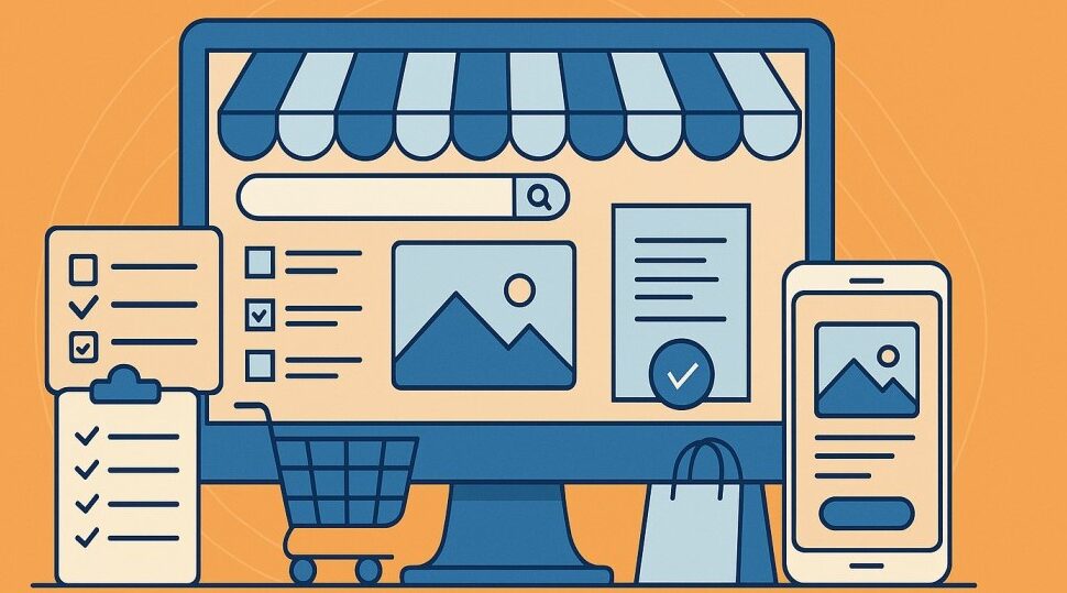 Vector illustration showing BigCommerce store optimization concept with website and mobile design elements highlighting user experience and layout performance.