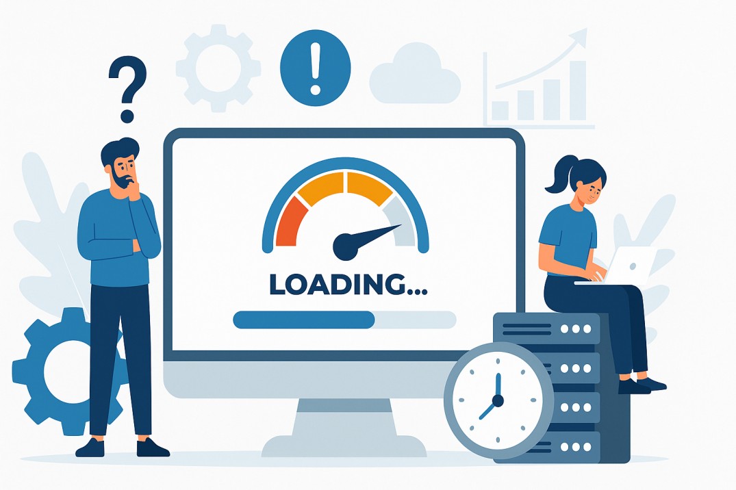 Concept illustration of common WordPress speed issues showing a loading website, slow performance indicators, and users facing delay problems.