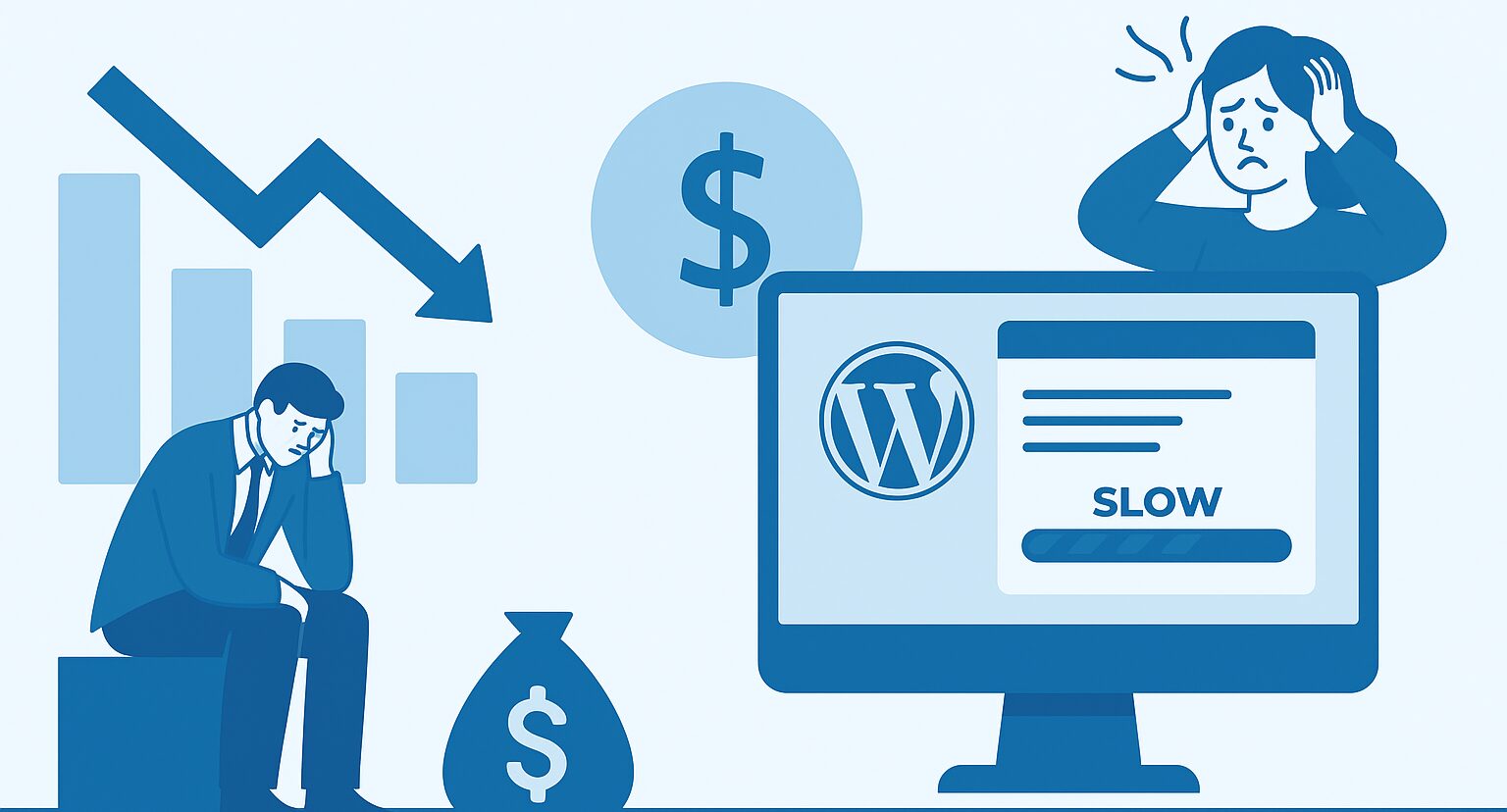 Concept illustration showing how slow WordPress websites reduce sales and conversions, featuring a declining chart, WordPress logo, and frustrated users.