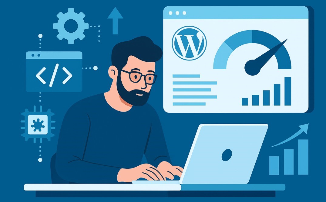 Concept illustration showing a developer improving WordPress website speed and performance using optimization tools, coding, and analytics.
