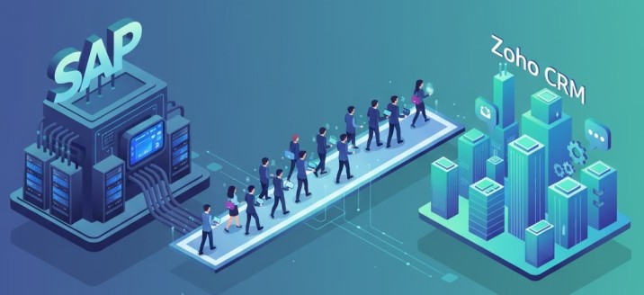 Illustration showing business professionals migrating data and operations from SAP system to Zoho CRM platform, symbolizing digital transformation and system upgrade.