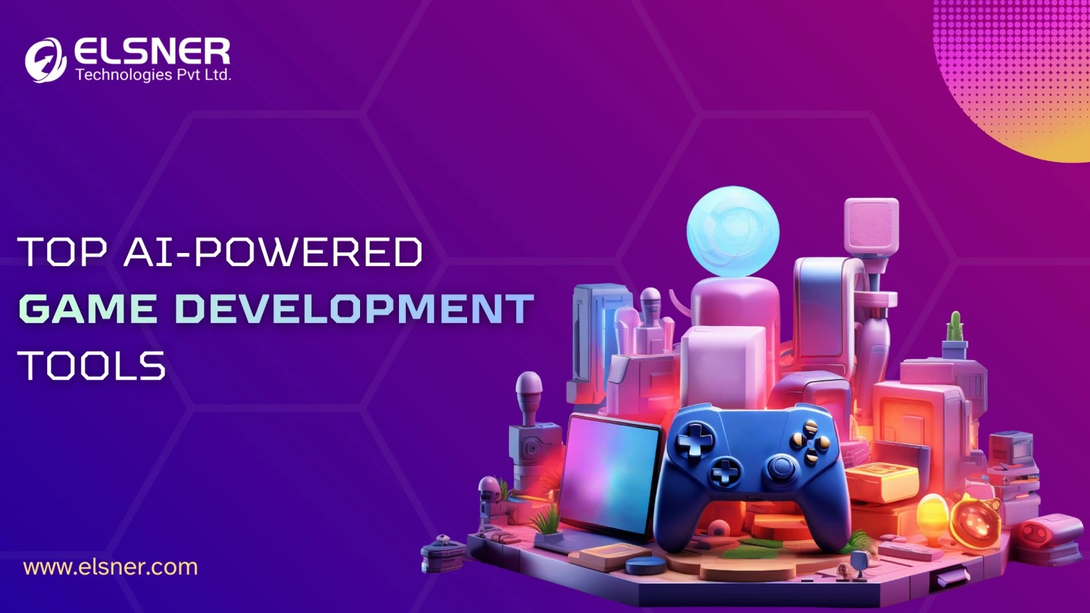 Colorful 3D illustration of gaming devices and futuristic elements with the title “Top AI-Powered Game Development Tools” and Elsner Technologies branding on a purple gradient background.