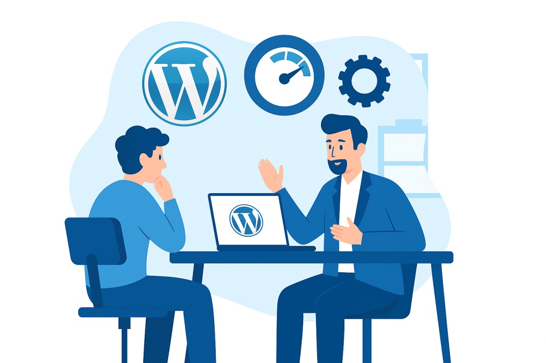 Concept illustration of a business owner consulting WordPress experts to resolve website speed and performance issues through professional optimization.