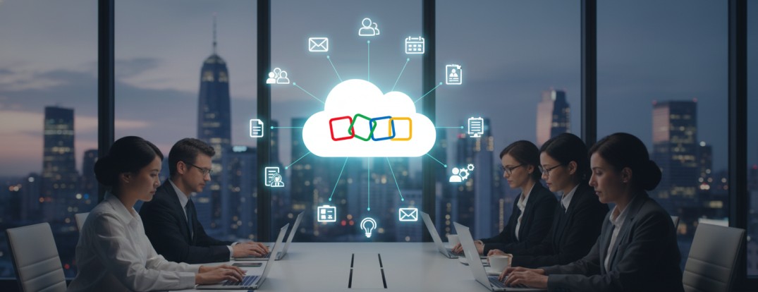 A group of business professionals in a modern conference room, gathered around a table with laptops, with a cityscape visible through large windows. Overlaying the scene is a luminous, interconnected diagram of various business application icons flowing into and out of a central cloud with the Zoho logo, symbolizing a unified, scalable, and comprehensive platform.