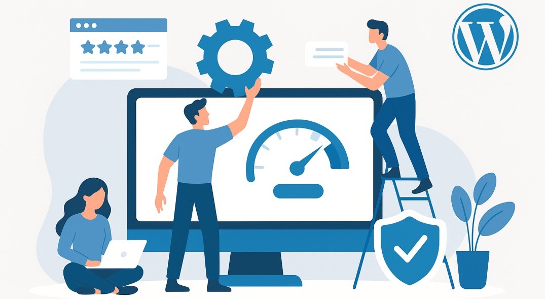 Concept illustration of WordPress website speed optimization showing users improving performance, adjusting settings, and boosting loading speed.