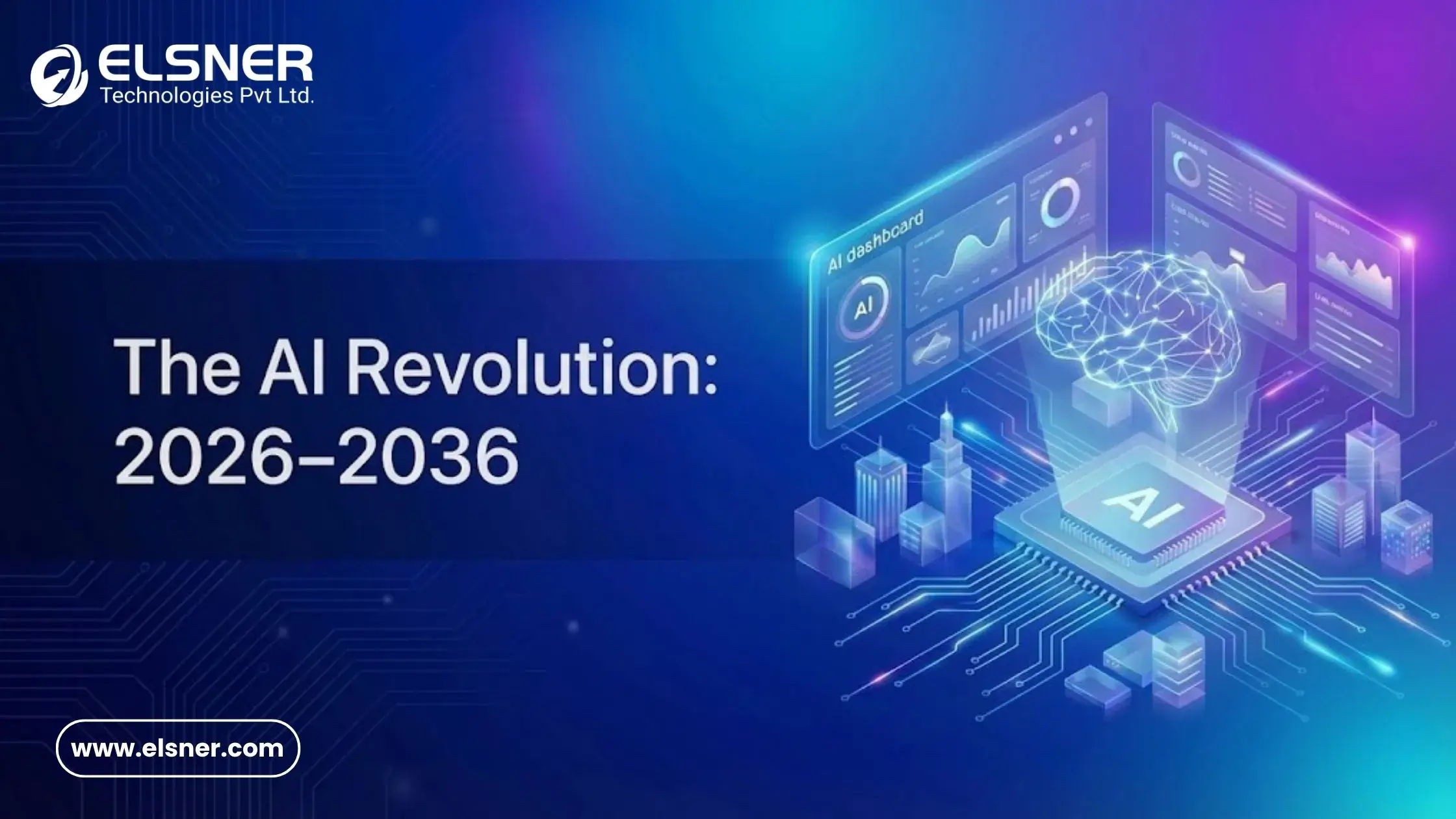A futuristic AI-themed illustration showing a glowing brain hologram above a microchip, digital dashboards, and tech city elements with the title ‘The AI Revolution: 2026–2036’ on a smooth blue gradient background