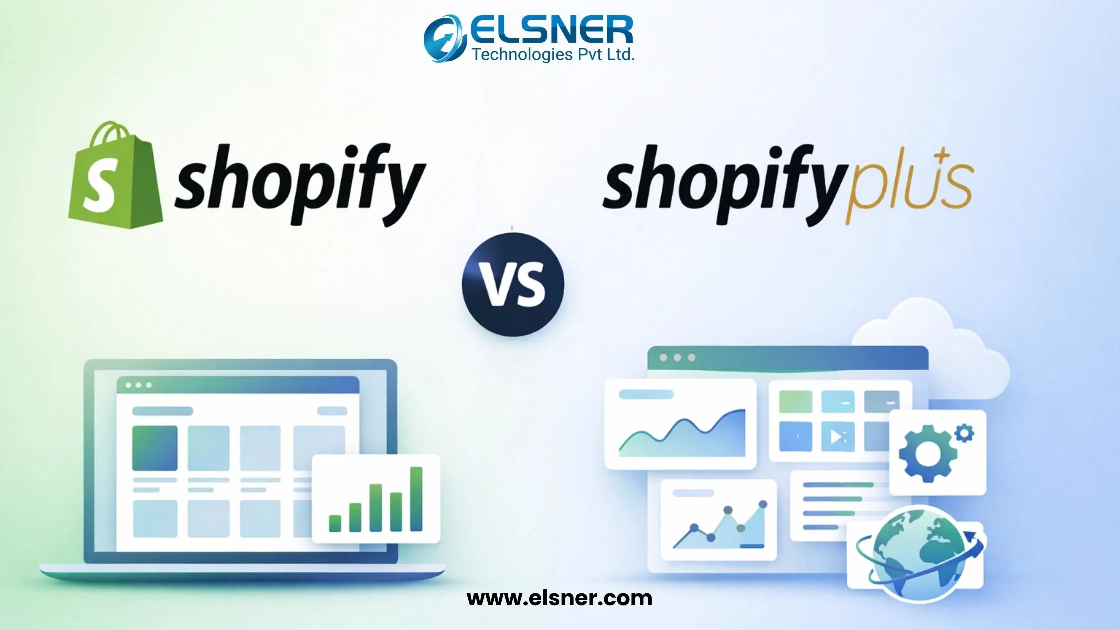 Shopify vs Shopify Plus comparison illustration showing standard ecommerce store vs enterprise ecommerce features