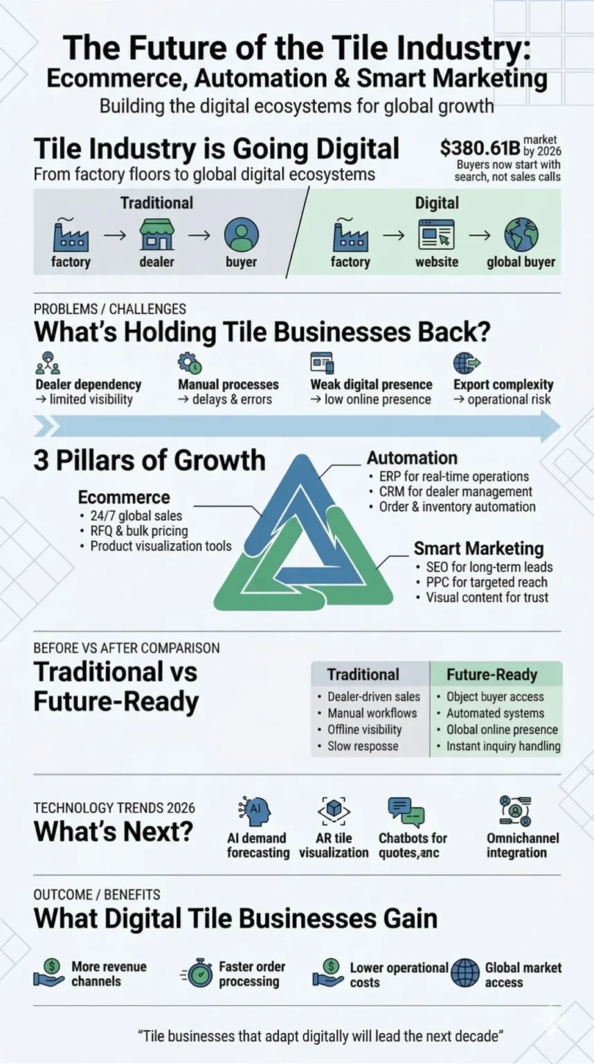 Tile industry digital transformation infographic showing ecommerce, automation, smart marketing, and future growth strategies