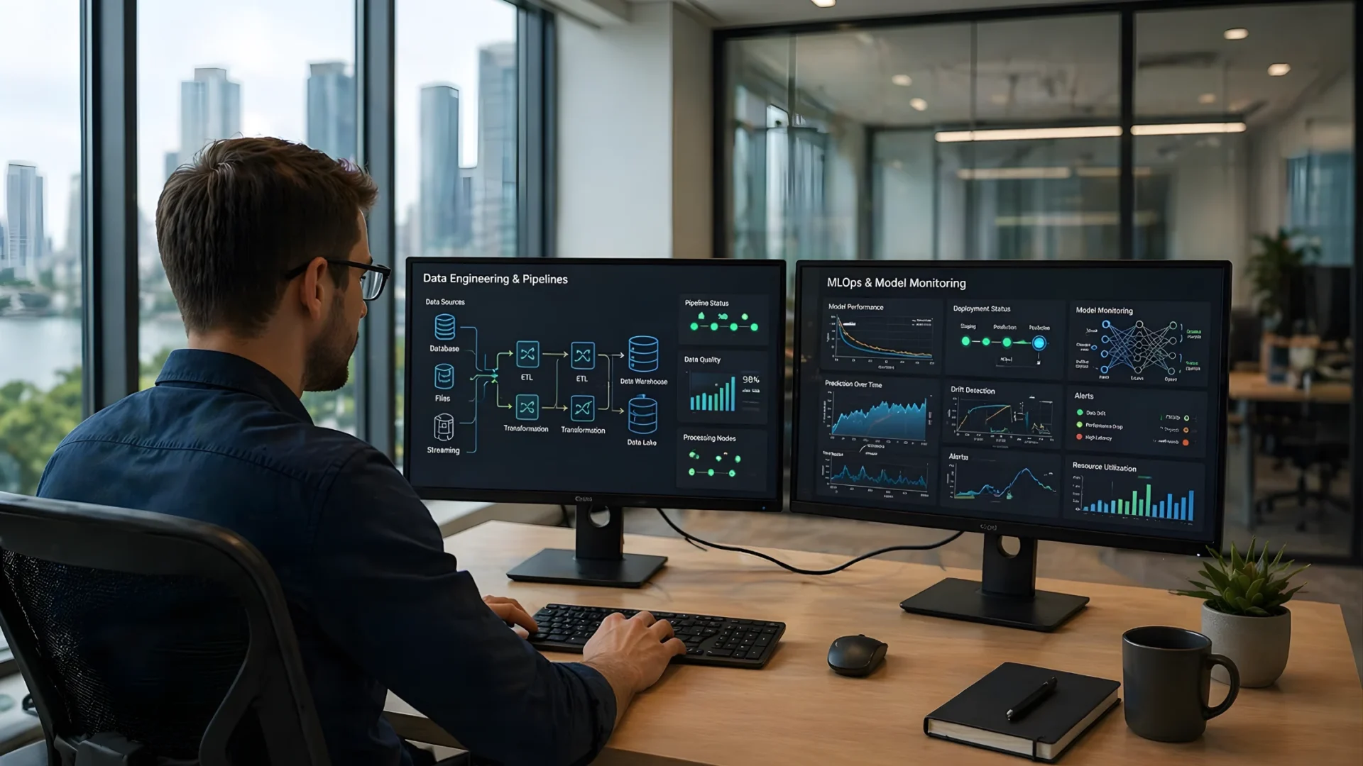 Data engineering and MLOps workflow on dual monitors with developer working in modern office