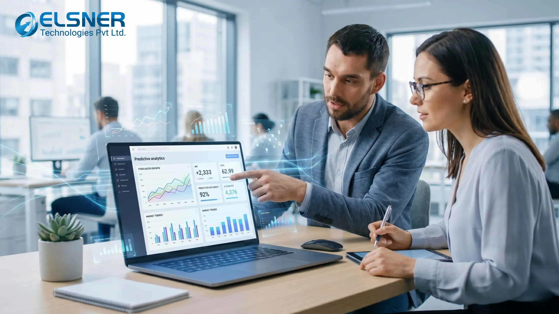 Professionals analyzing predictive analytics dashboard for business decision making