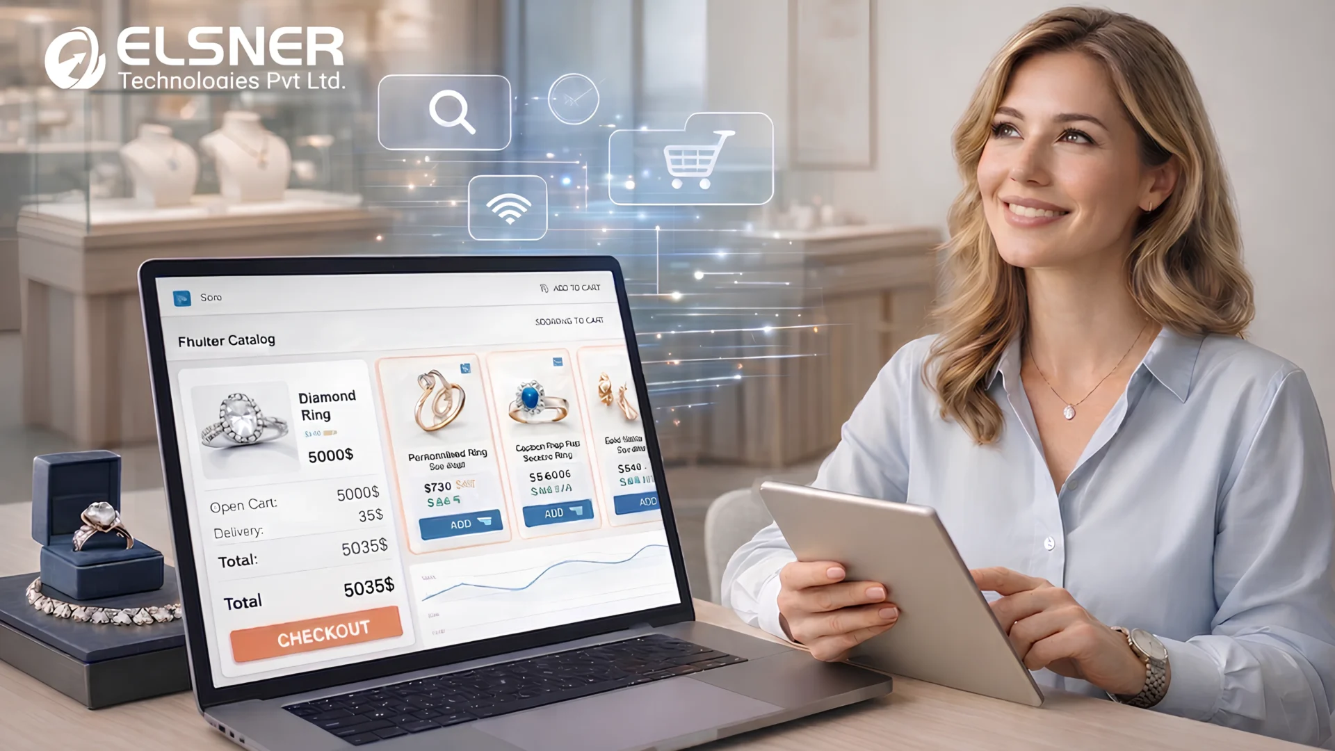 Modern jewellery business using eCommerce platform on laptop and tablet for digital transformation