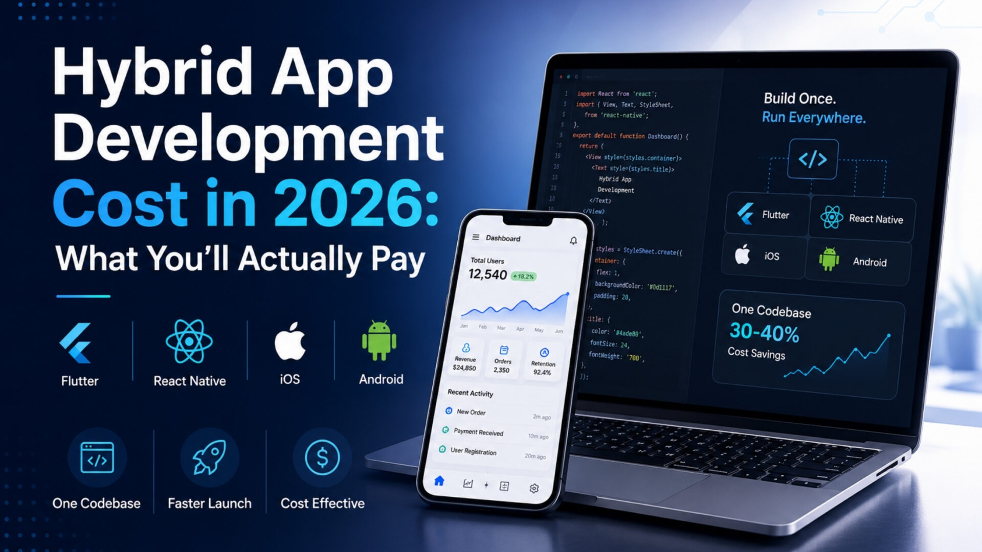 Illustration of cost-effective hybrid app development using Flutter and React Native with one codebase, mobile app UI, and smart development planning.