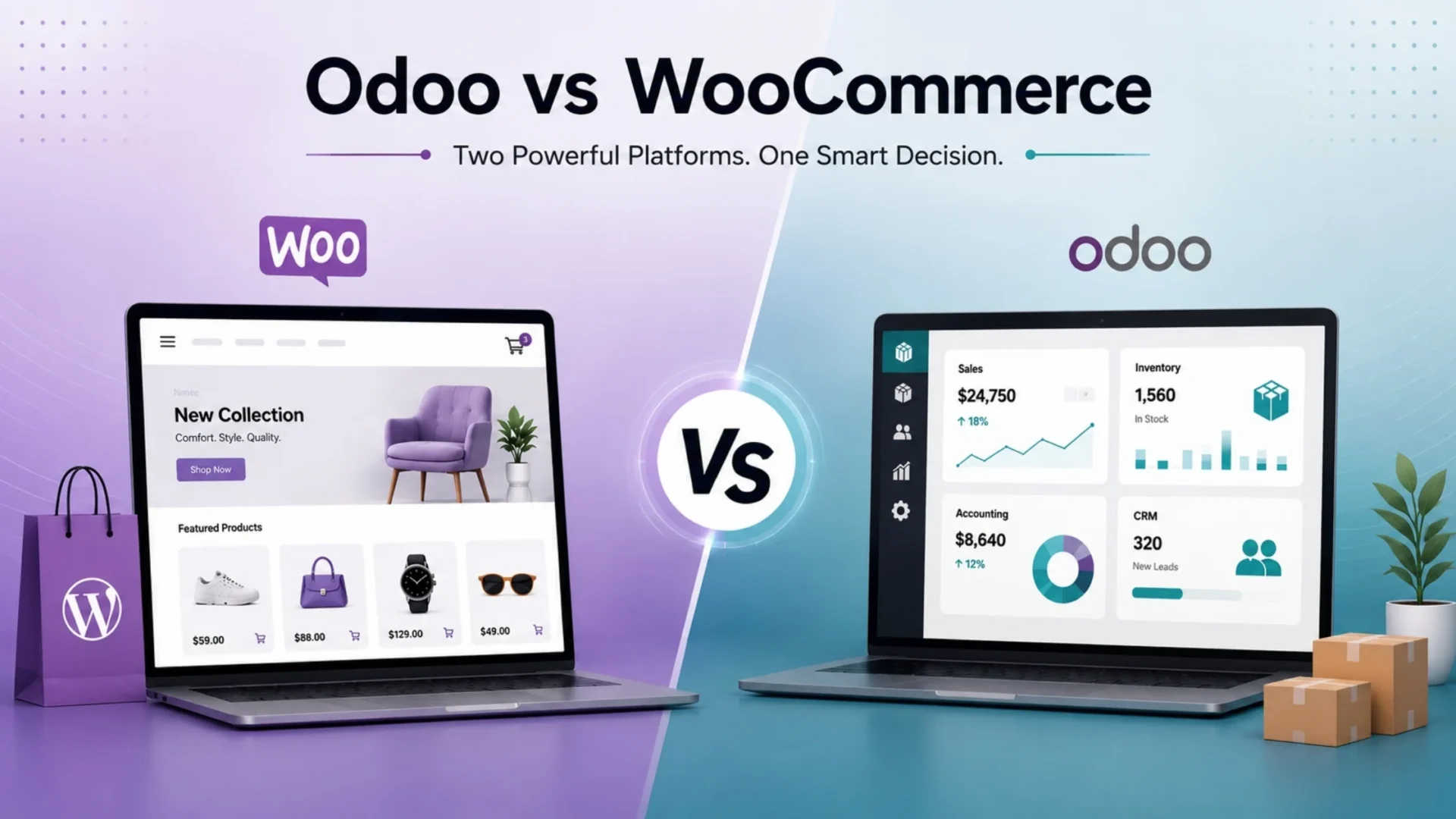 Odoo vs WooCommerce comparison banner showing an eCommerce storefront alongside an Odoo business dashboard for platform evaluation.