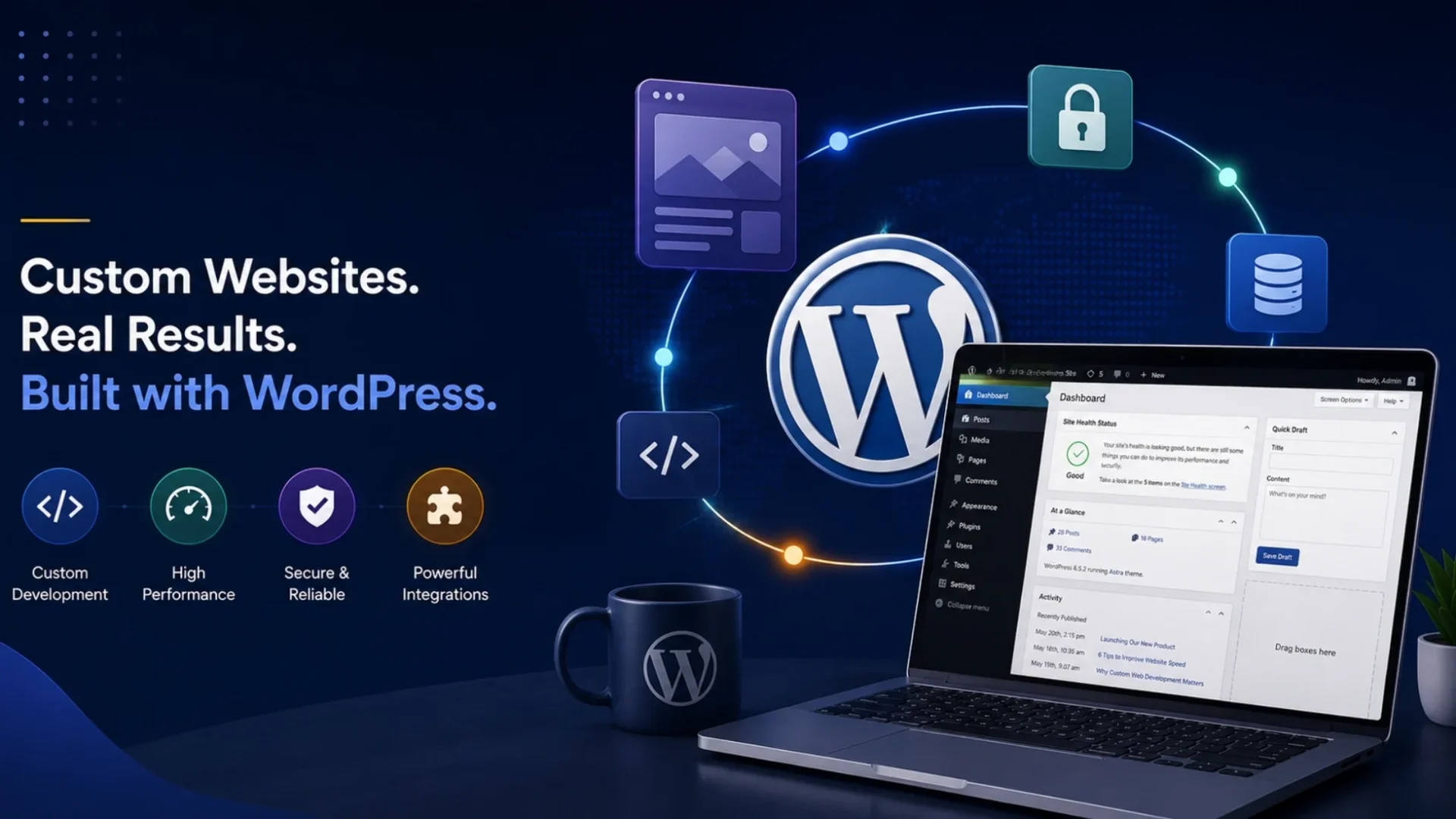 Custom WordPress website development illustration with WordPress dashboard, performance, security, and integration features