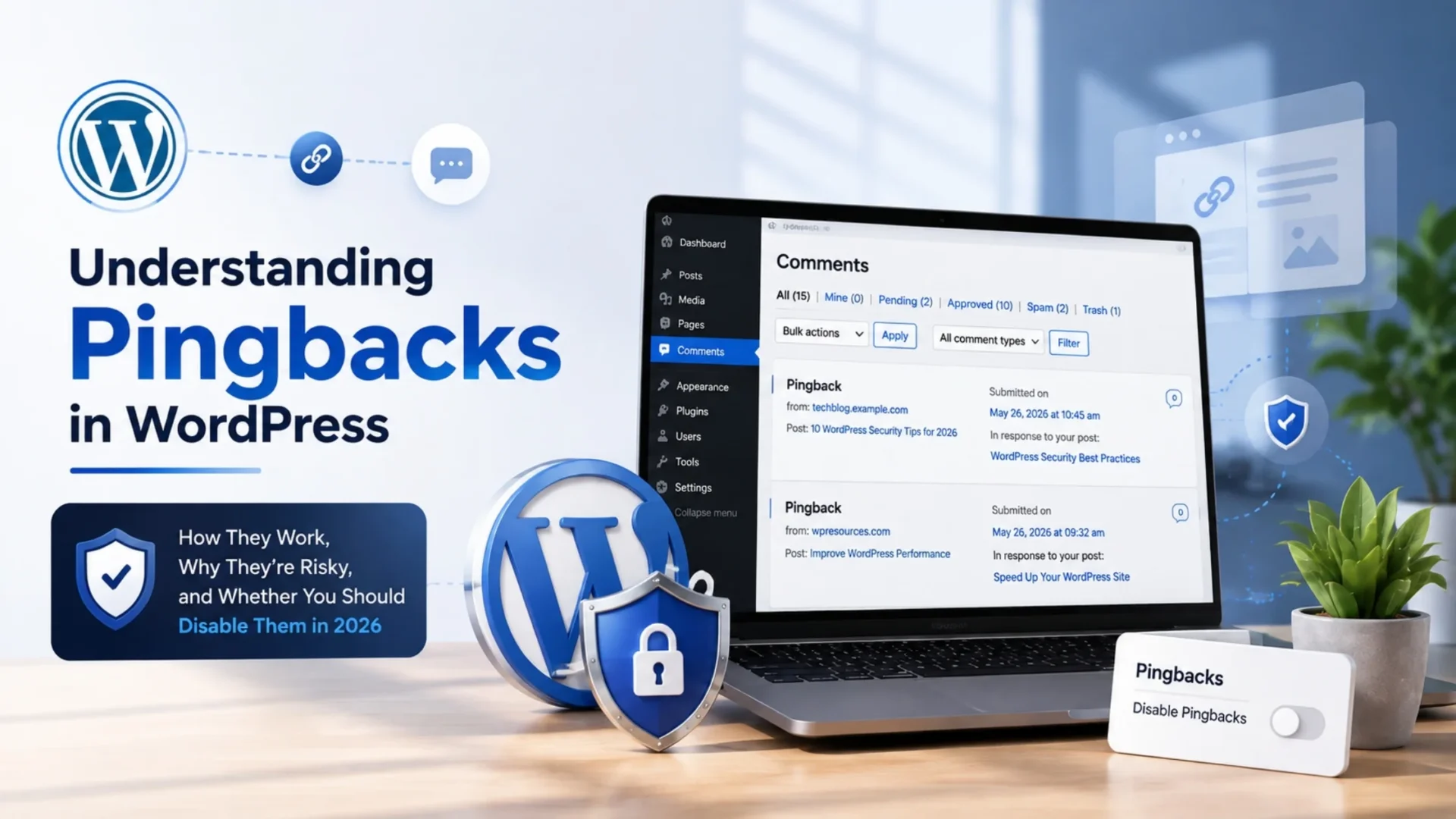WordPress pingbacks explained with a realistic comments dashboard, security controls, and guidance on disabling pingbacks in 2026.