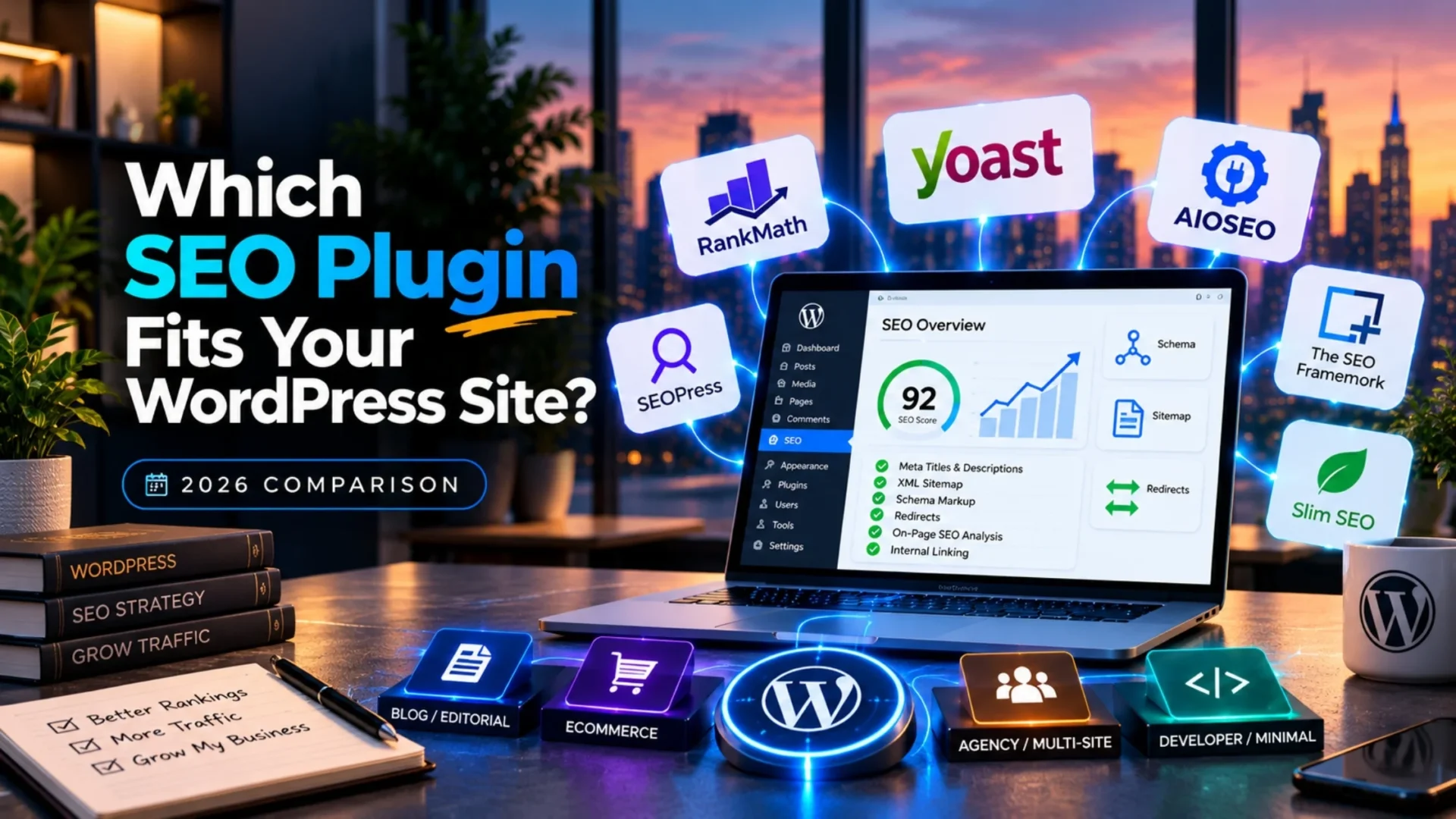 Best WordPress SEO plugins comparison for 2026 featuring Rank Math, Yoast SEO, AIOSEO, SEOPress, and Slim SEO