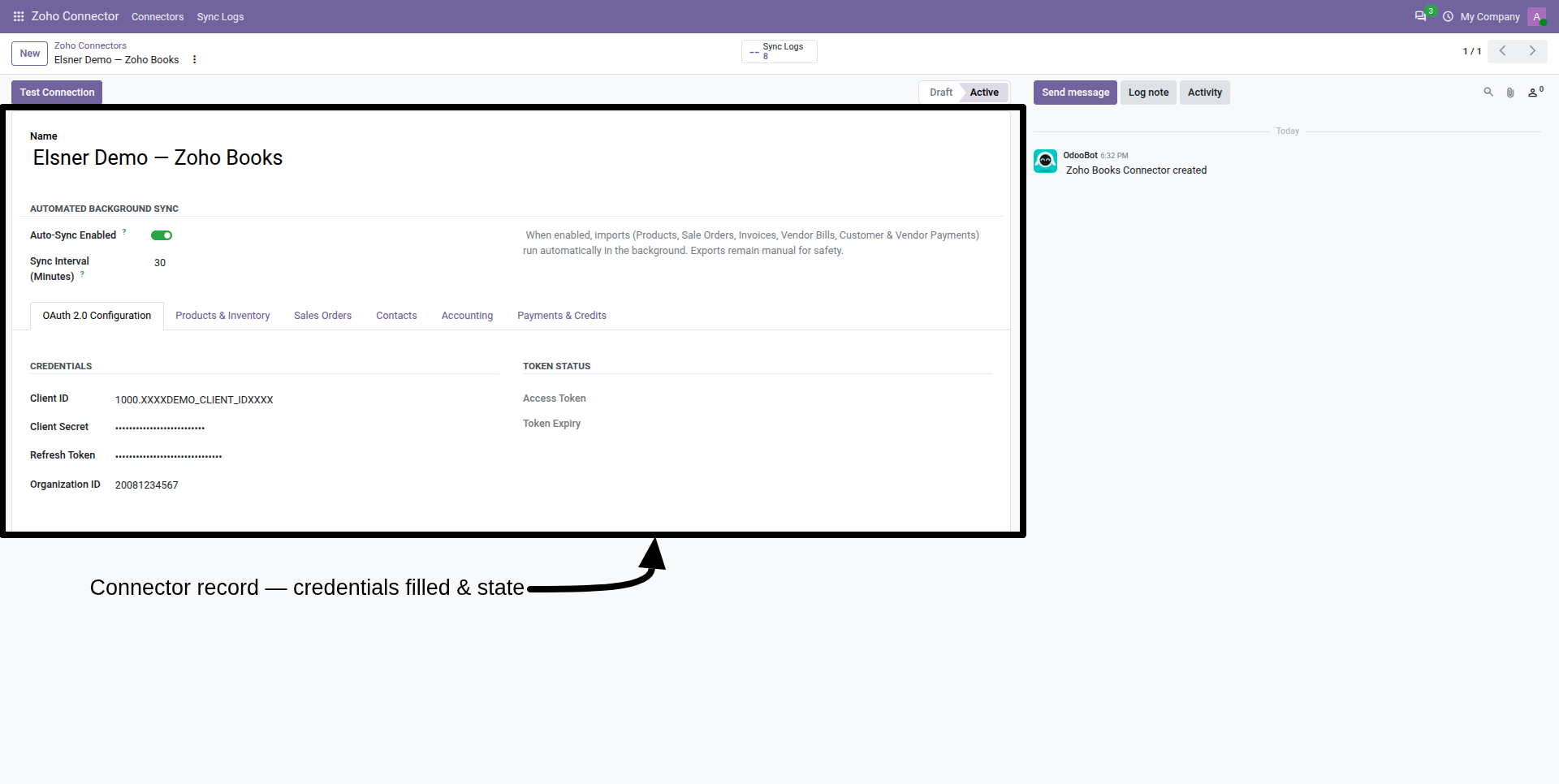 Odoo Zoho Books connector configuration showing masked credentials, Auto-Sync and a 30-minute example import interval.