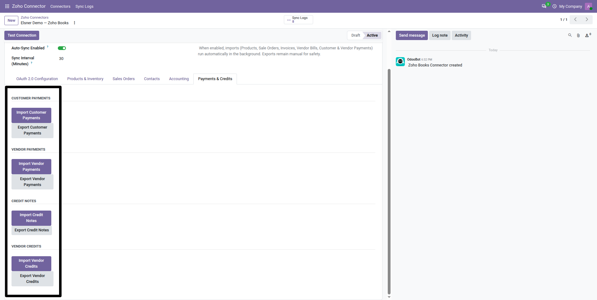 Zoho Books connector Payments and Credits tab showing import and export controls for payments and credits.